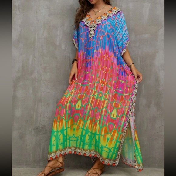 Boho Tie Dye Print Batwing Sleeve Slit Hem Maxi Dress - Picture 7 of 9
